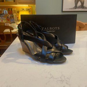 Talbots size 8 dressy black wedge sandals, w bow detail